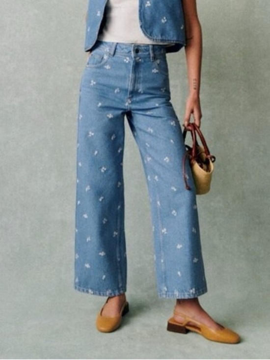 Sezane Denim - Sezane Light Blue Embroidered Wide Leg Jeans